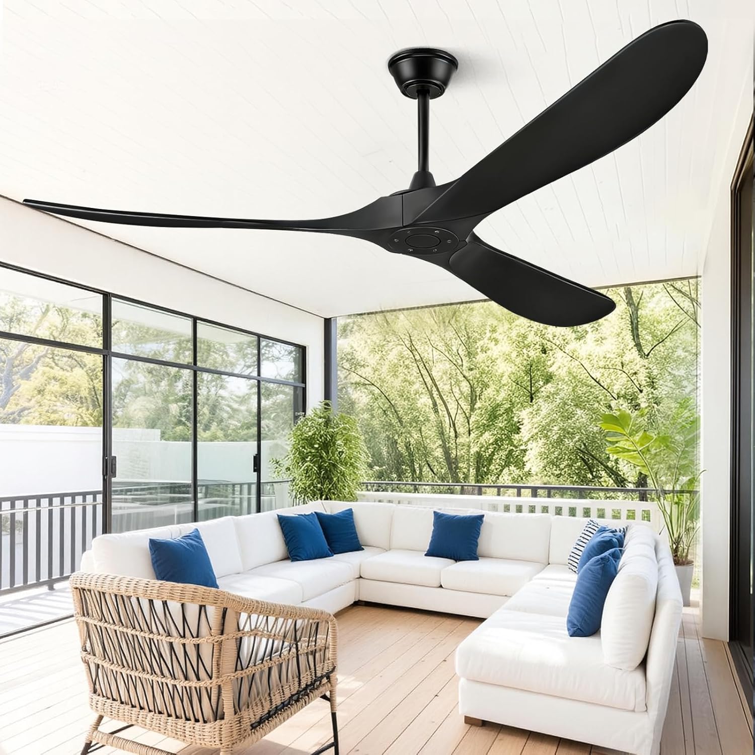 60 Inch Ceiling Fan Without Light - Solid Wood Blades & Remote