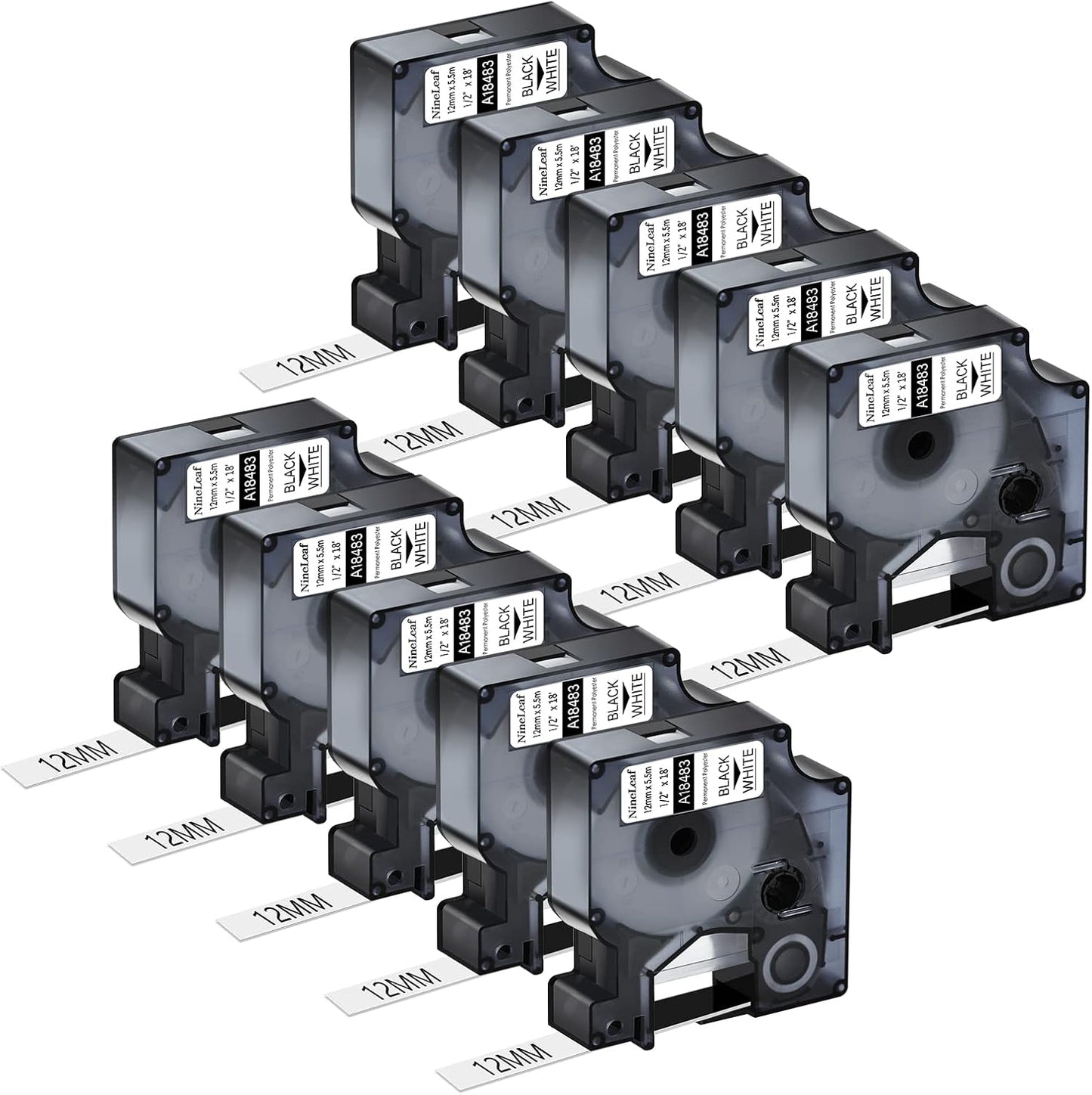 NineLeaf 10 Pack Black on White Permanent Polyester Label Tape