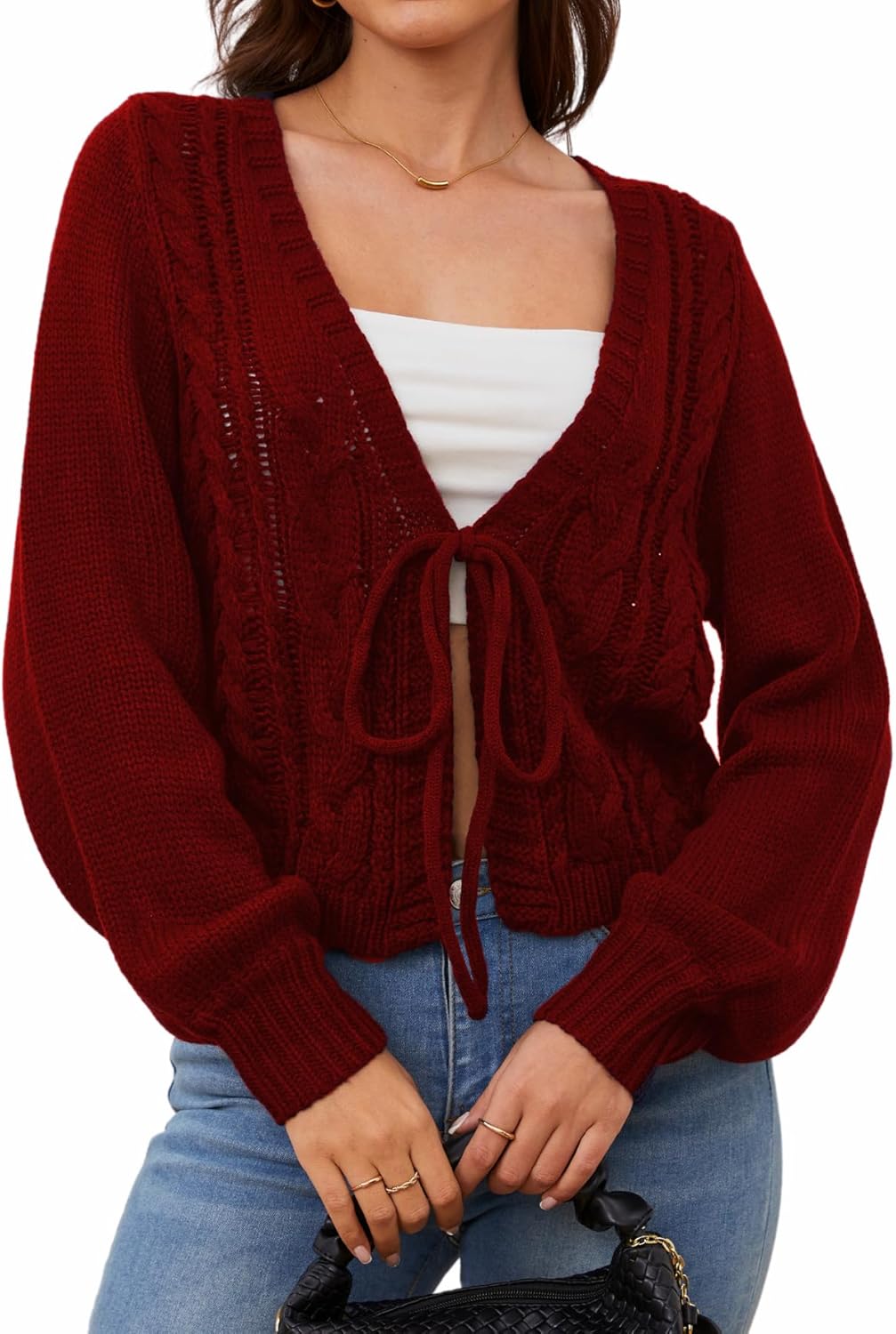 Trendy Cropped Tie Front Cardigan Sweaters for Women