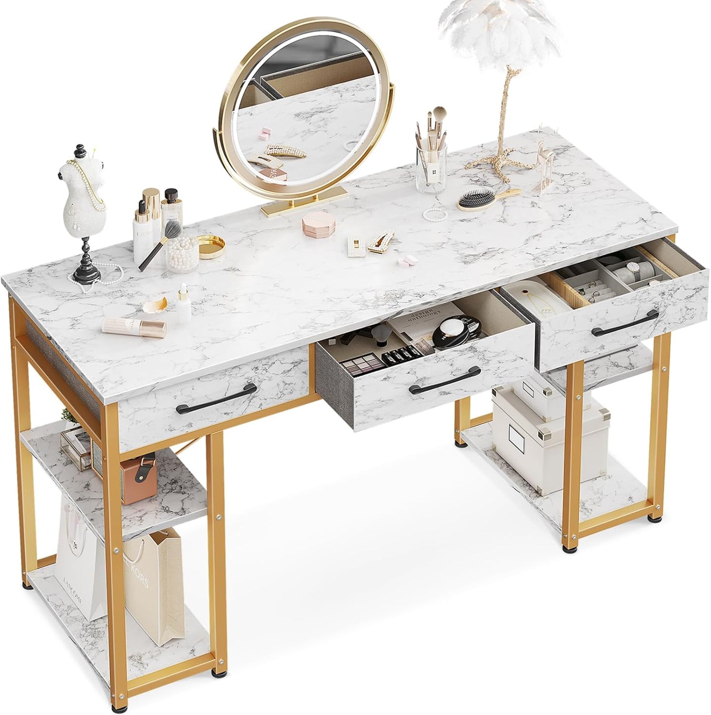 Modern White & Gold Vanity Desk, 3 Drawers, Storage Shelves