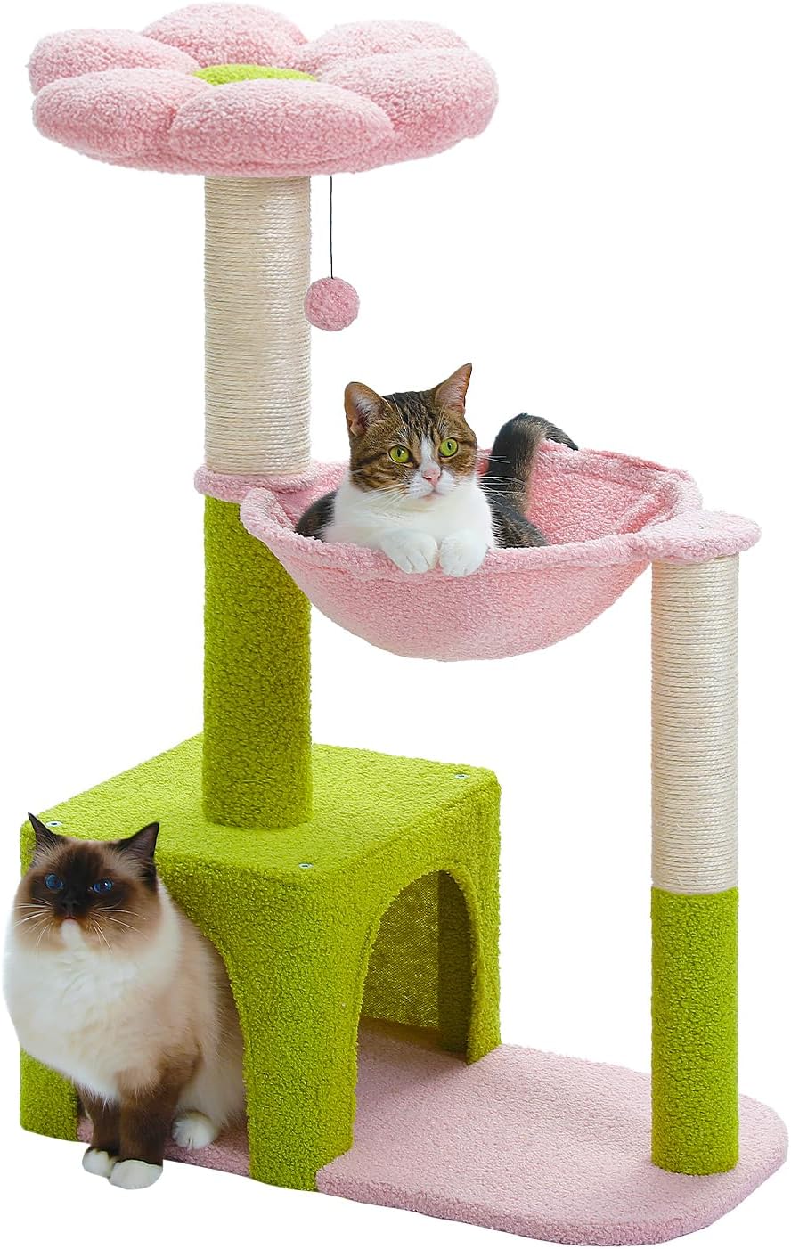 Flower Cat Tree with Large Metal Frame Hammock for Kittens