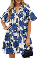 Wenrine Women's Summer Button Down Shirt Dress Floral Puff Sleeve thin