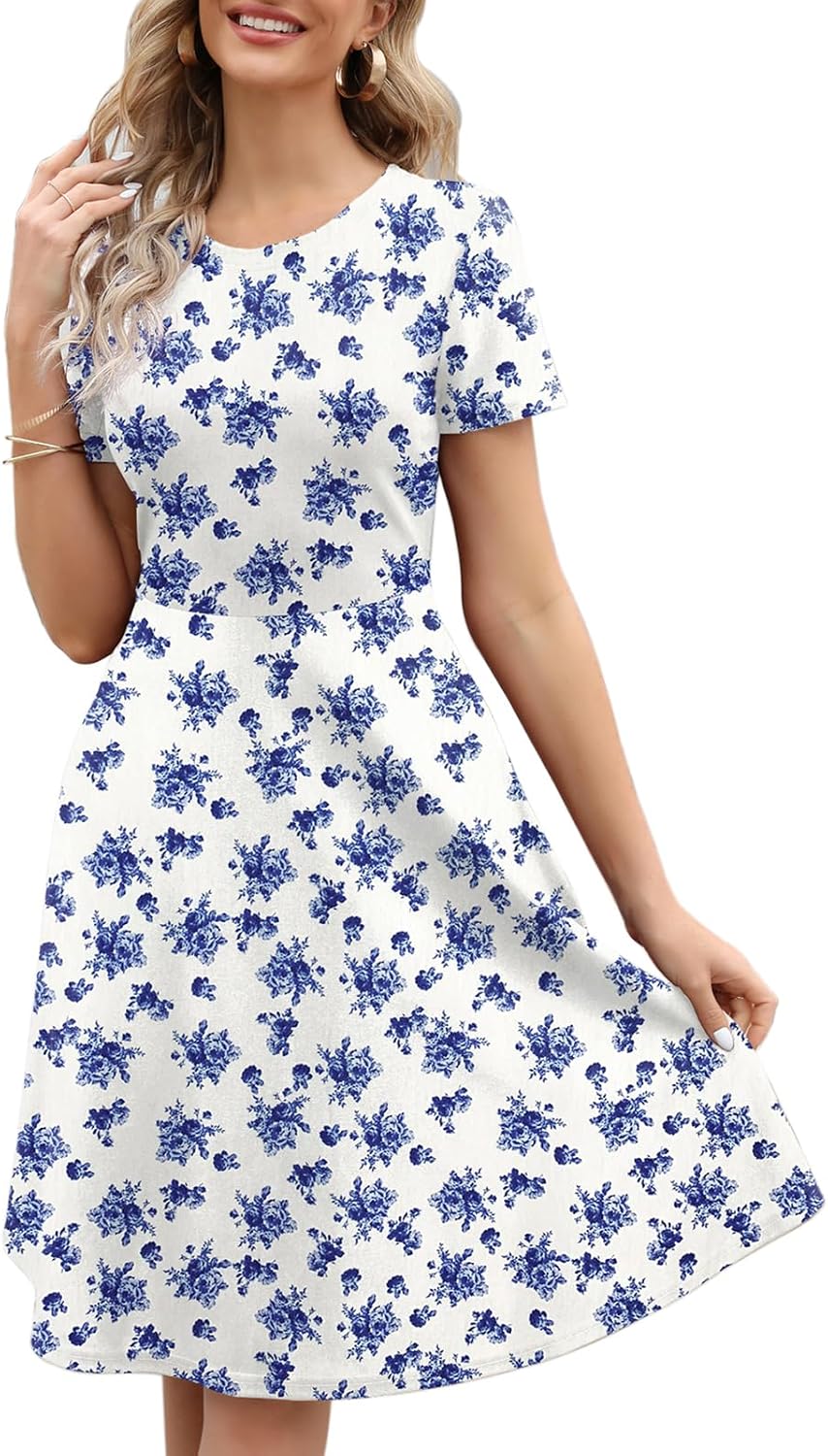 Women's Elegant Knee Length Floral Print Swing Dress with Pockets