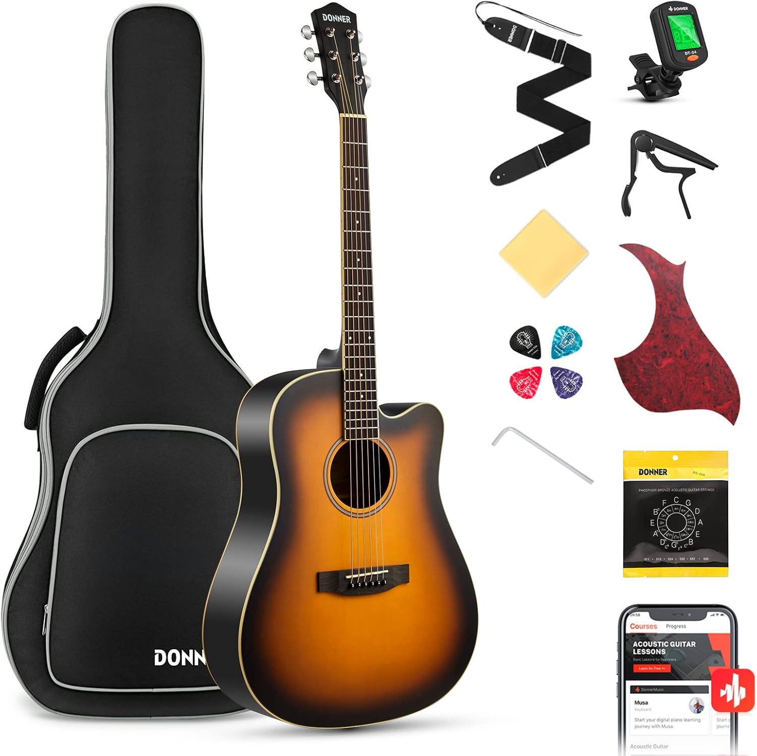 Beginner Adult Cutaway Acoustic Guitar Bundle Kit by Donner