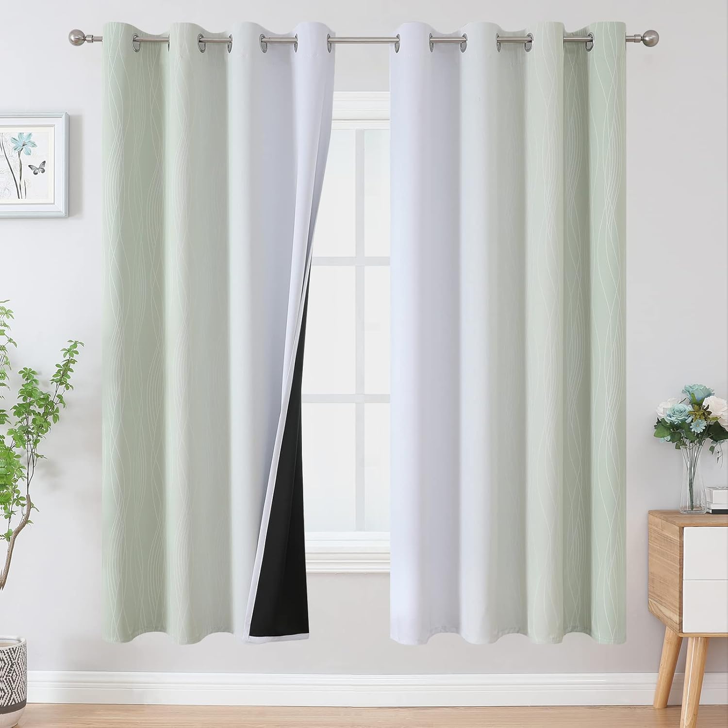 Ombre Blackout Curtains Set - Sage Green and Greyish White