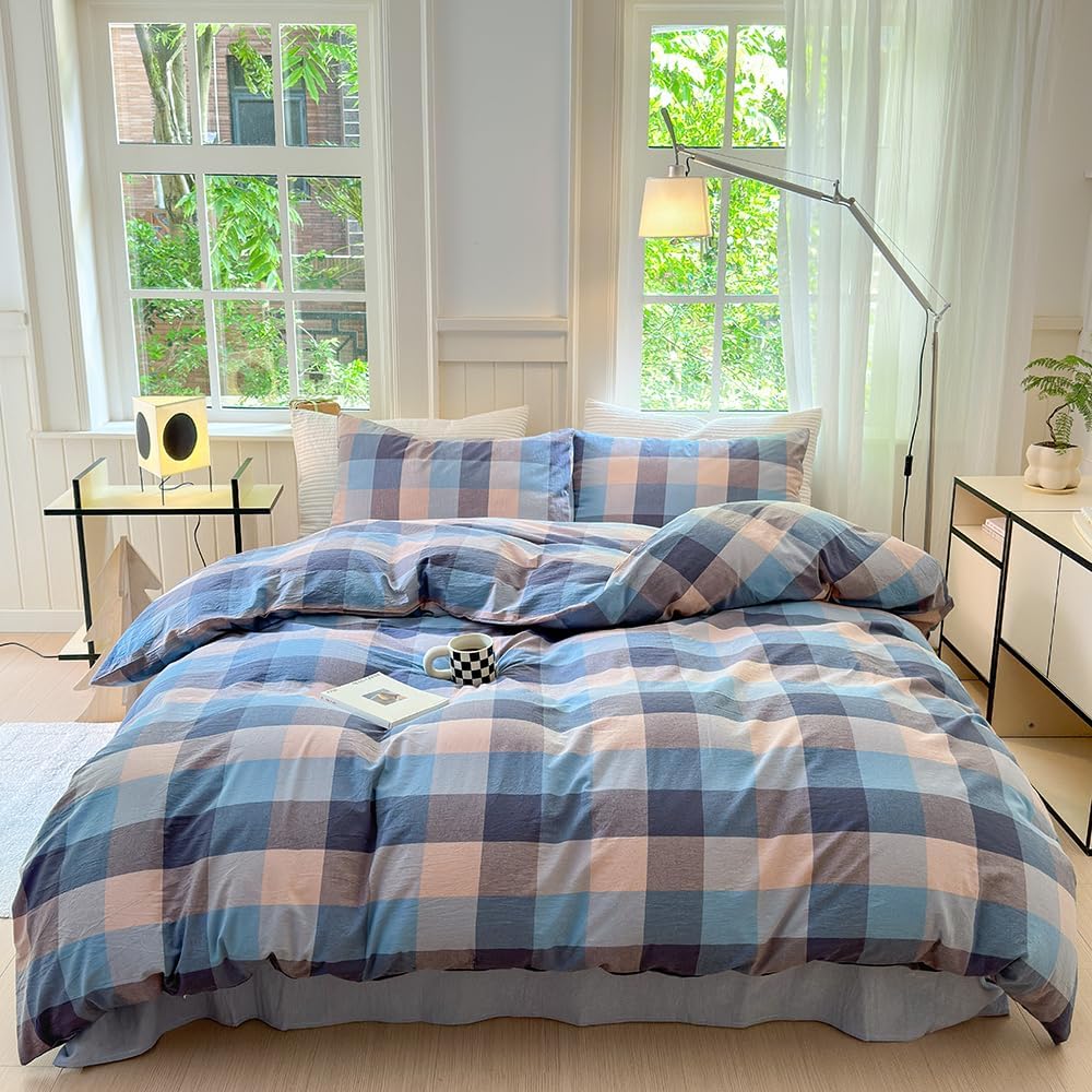 FACE TWO FACE King Duvet Cover Set in Cardamom Blue Grid