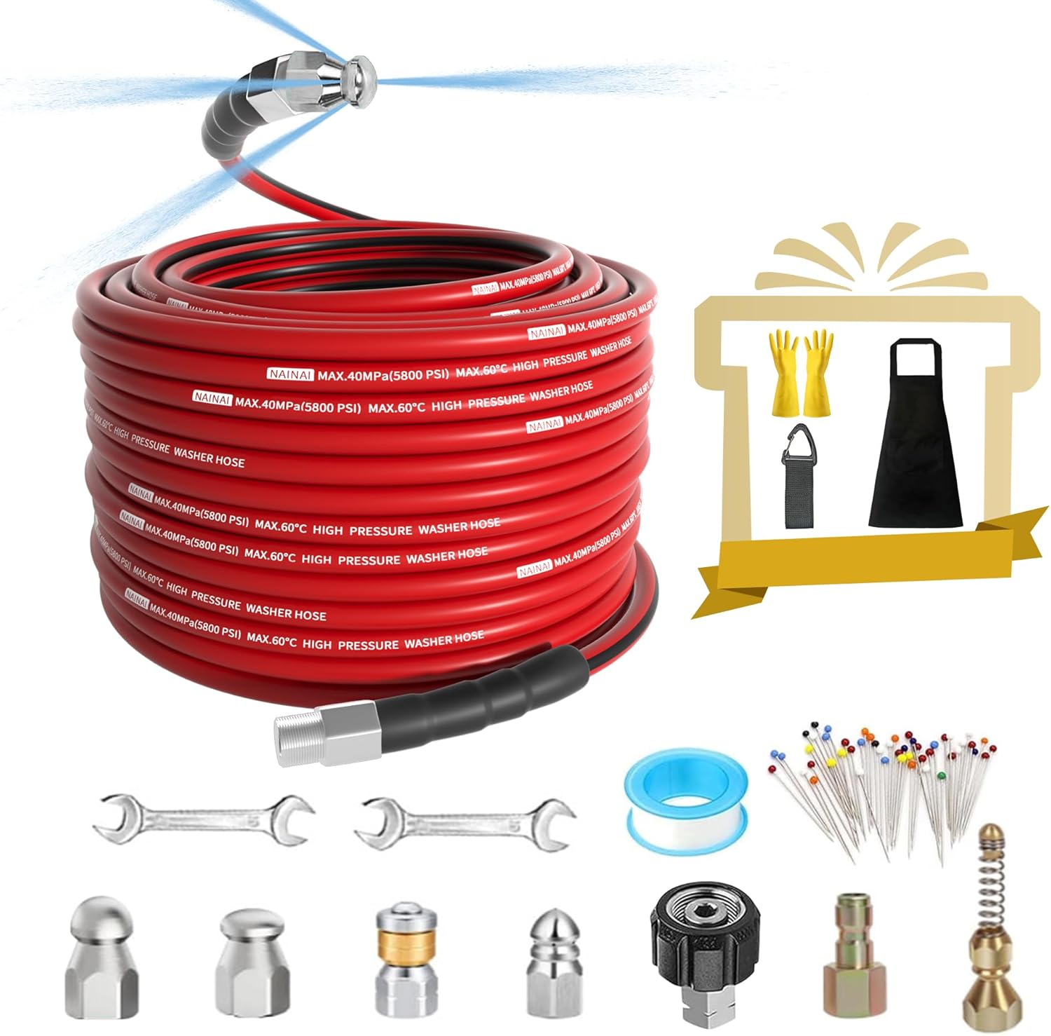 50FT Sewer Jetter Kit for Pressure Washer with Nozzles and Gloves