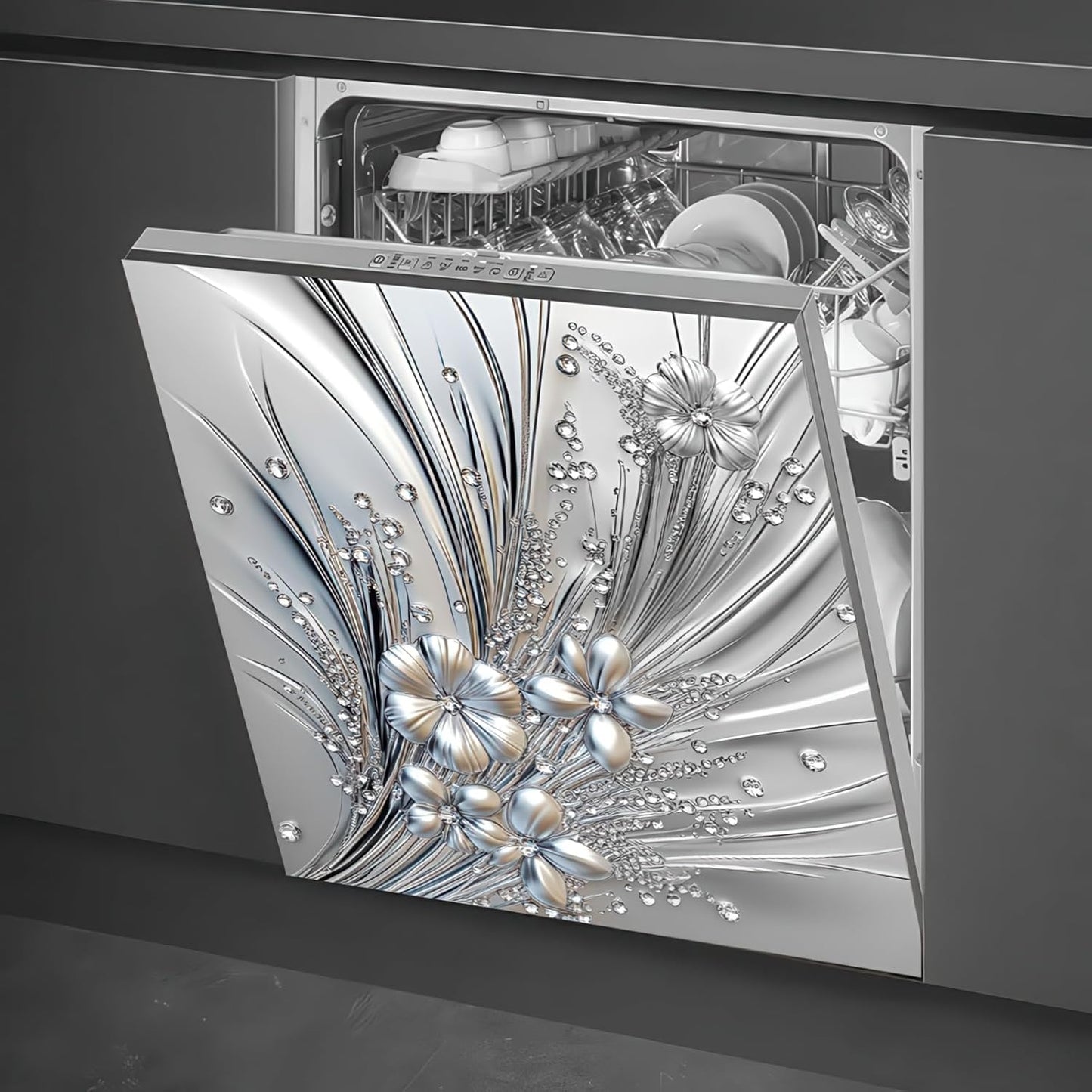 Elegant Silver Floral Dishwasher Magnet Cover for Kitchen Decor