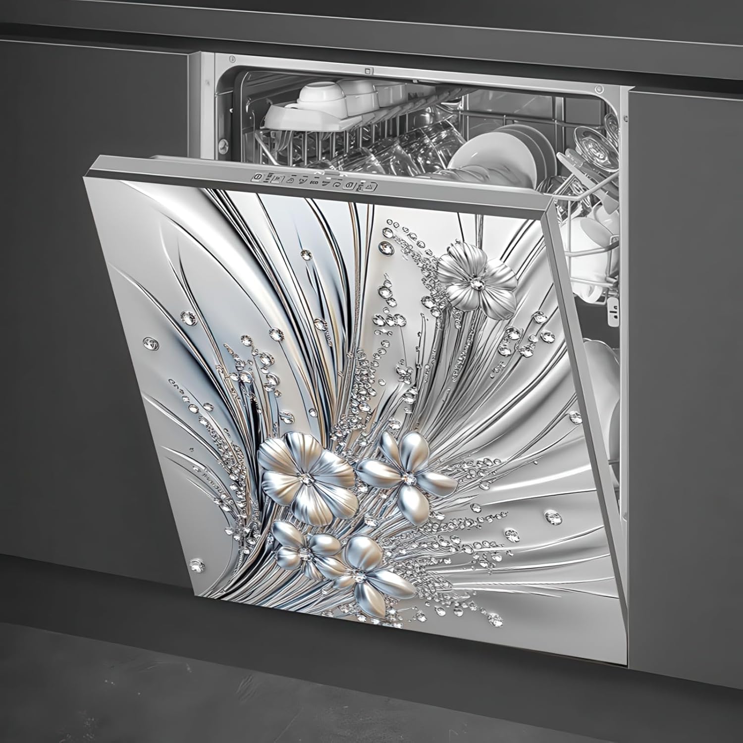 Elegant Silver Floral Dishwasher Magnet Cover for Kitchen Decor