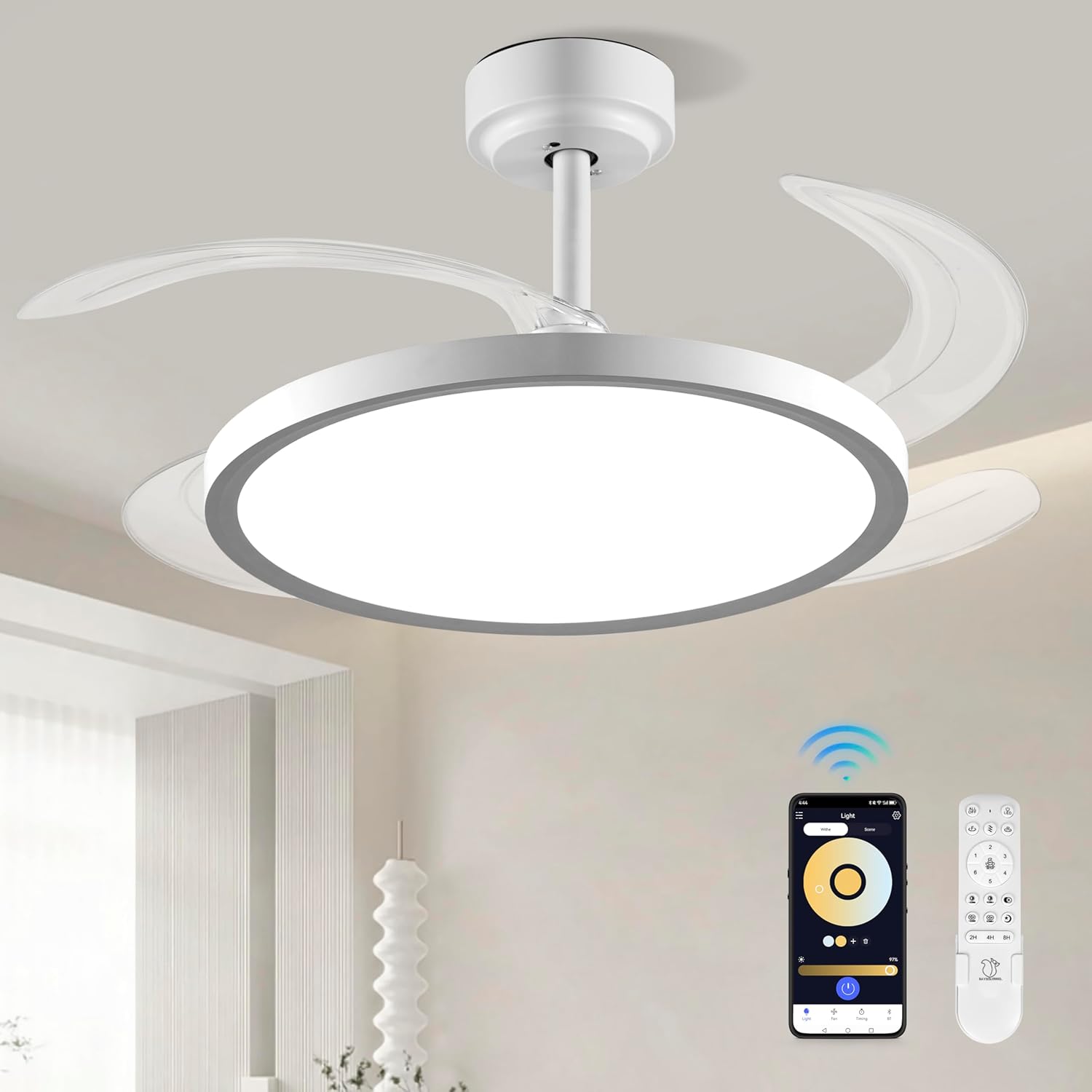Slim Retractable Ceiling Fan with Lights and APP Control 42ft Quiet