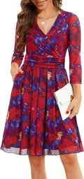 Womens Wrap V Neck 3/4 Sleeve Cocktail Dress - Pleated Fit & Pockets