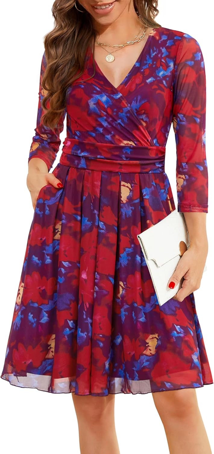 Zattcas Womens Wrap V Neck 3/4 Sleeve Cocktail Dress with Pockets