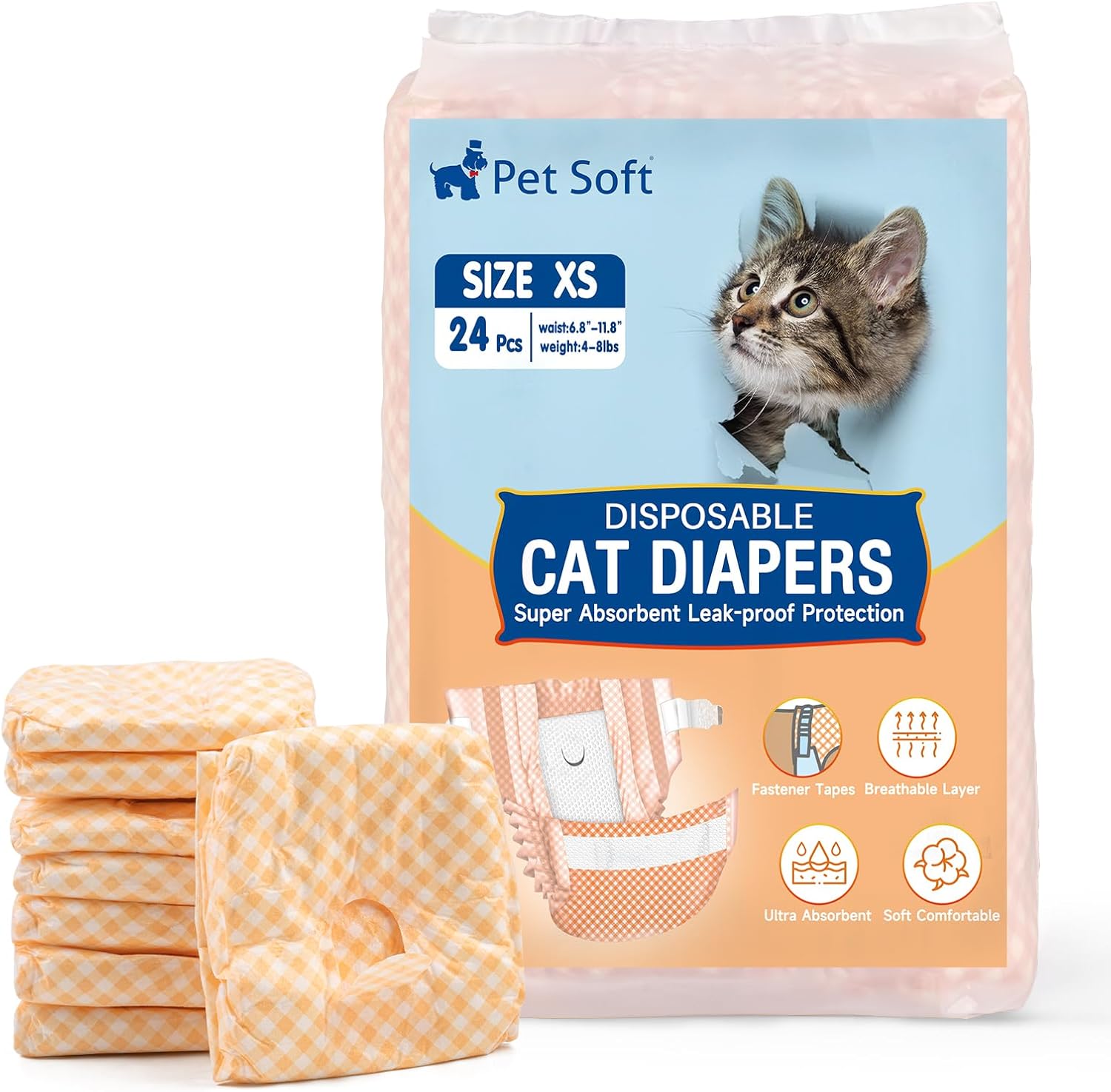 Ultra Absorbent Pet Diapers - 24pcs XS, Orange