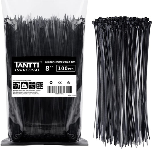 Strong & Reliable 8 Black Zip Ties - 100 Pack by TANTTI