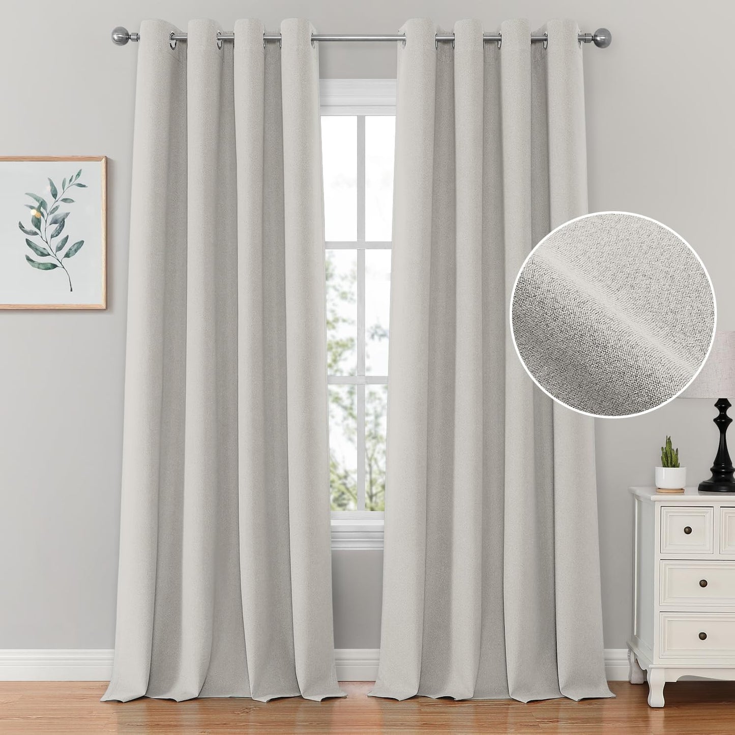 100% Light Beige Linen Blackout Curtains for Bedroom 52 x 84