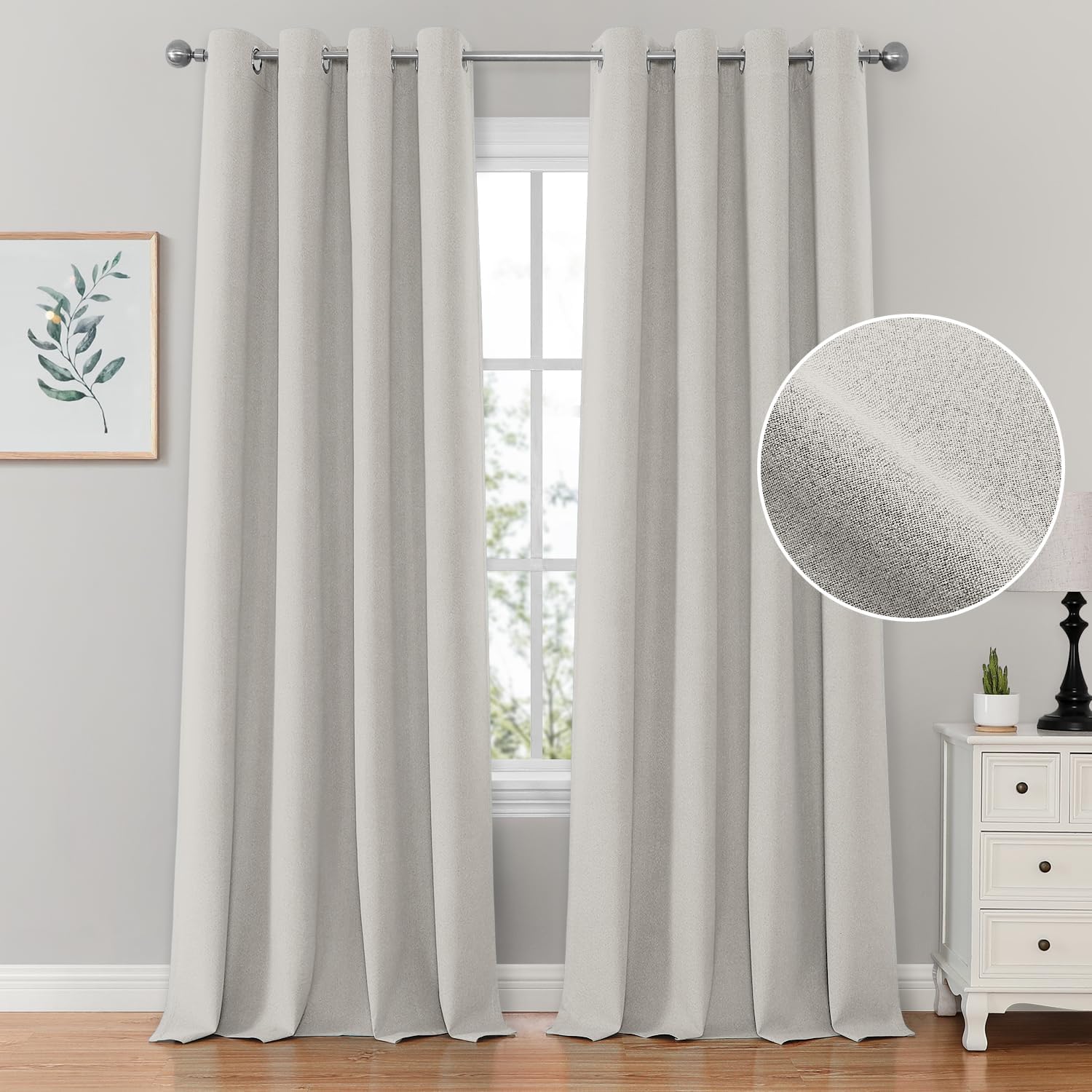 100% Light Beige Linen Blackout Curtains for Bedroom 52 x 84