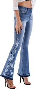 Trendy Floral High-Rise Bell Bottom Jeans for Women's Fashion