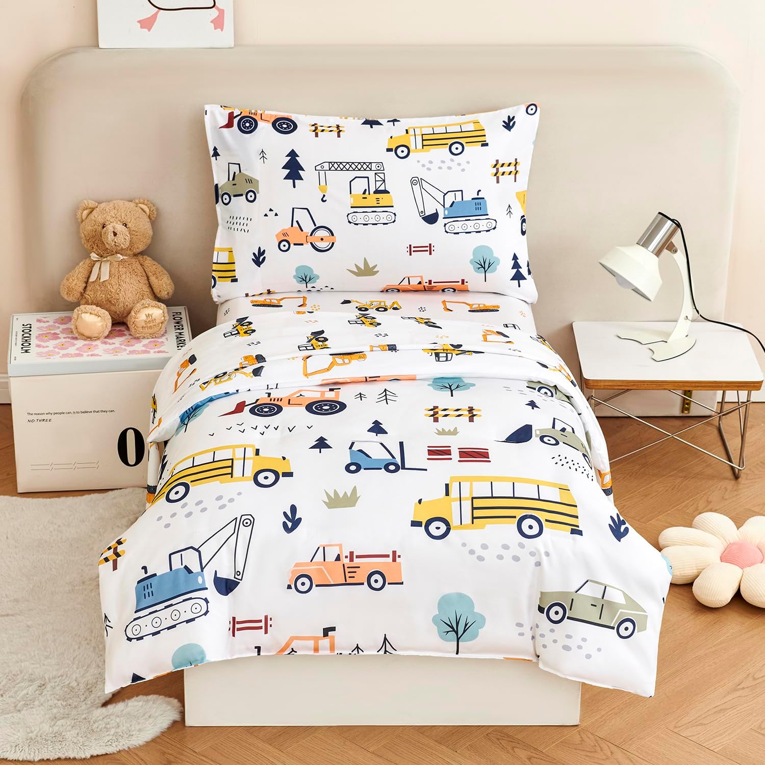 URBONUR Toddler Bedding Set with Construction Car Design for Kids