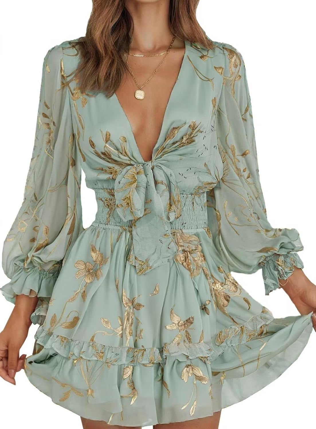 Dokotoo Womens Casual Deep V Neck Knotted Mini Swing Dress