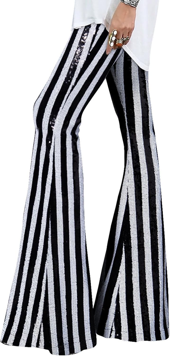 EVALESS Women Sequin Pants Sparkly Glitter High Waisted Trousers