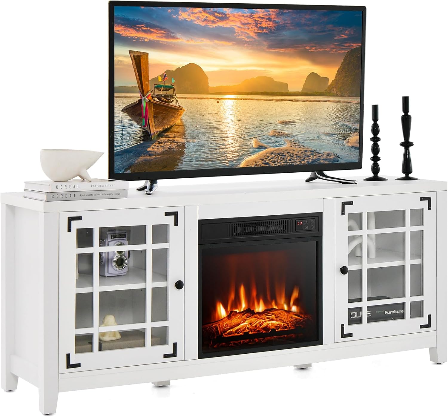 Tangkula 58 Fireplace TV Stand: Electric Fireplace, Adjustable Shelves