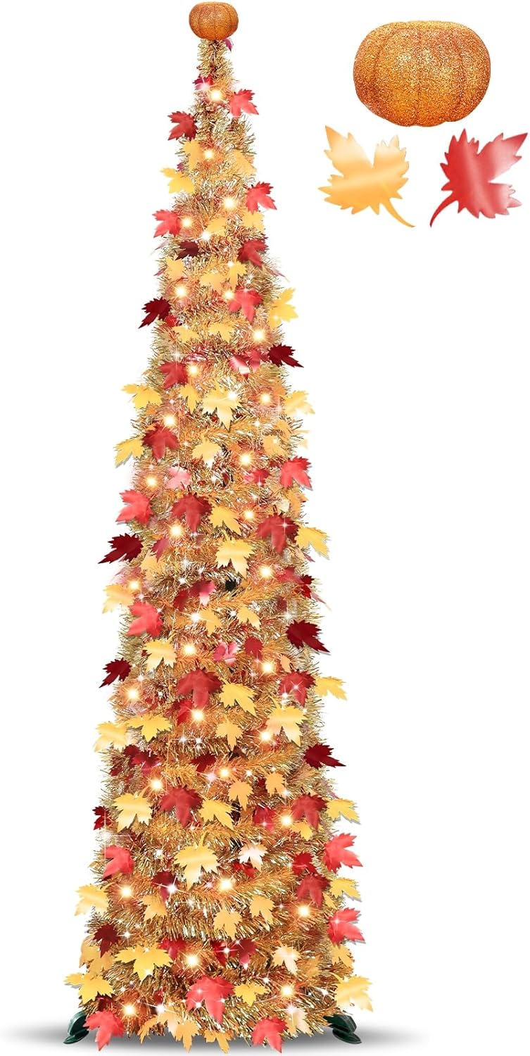6 FT Lighted Fall Tree with Pumpkin Topper for Thanksgiving Decor