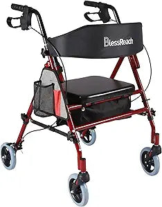 BlessReach Rollator Walker with Seat for Seniors, Red Steel Frame