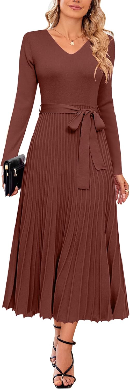 Arach&Cloz Women's Wool Blend Tie Waist Pleated Sweater Dress