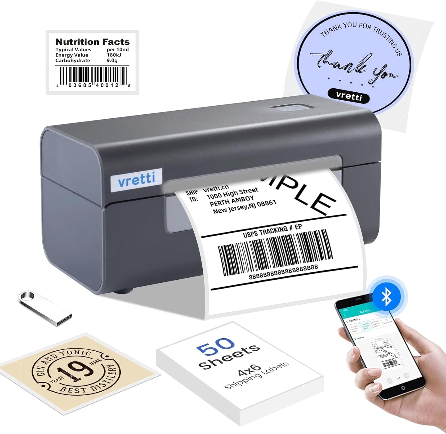 Vretti Bluetooth Thermal Shipping Label Printer for Easy Printing