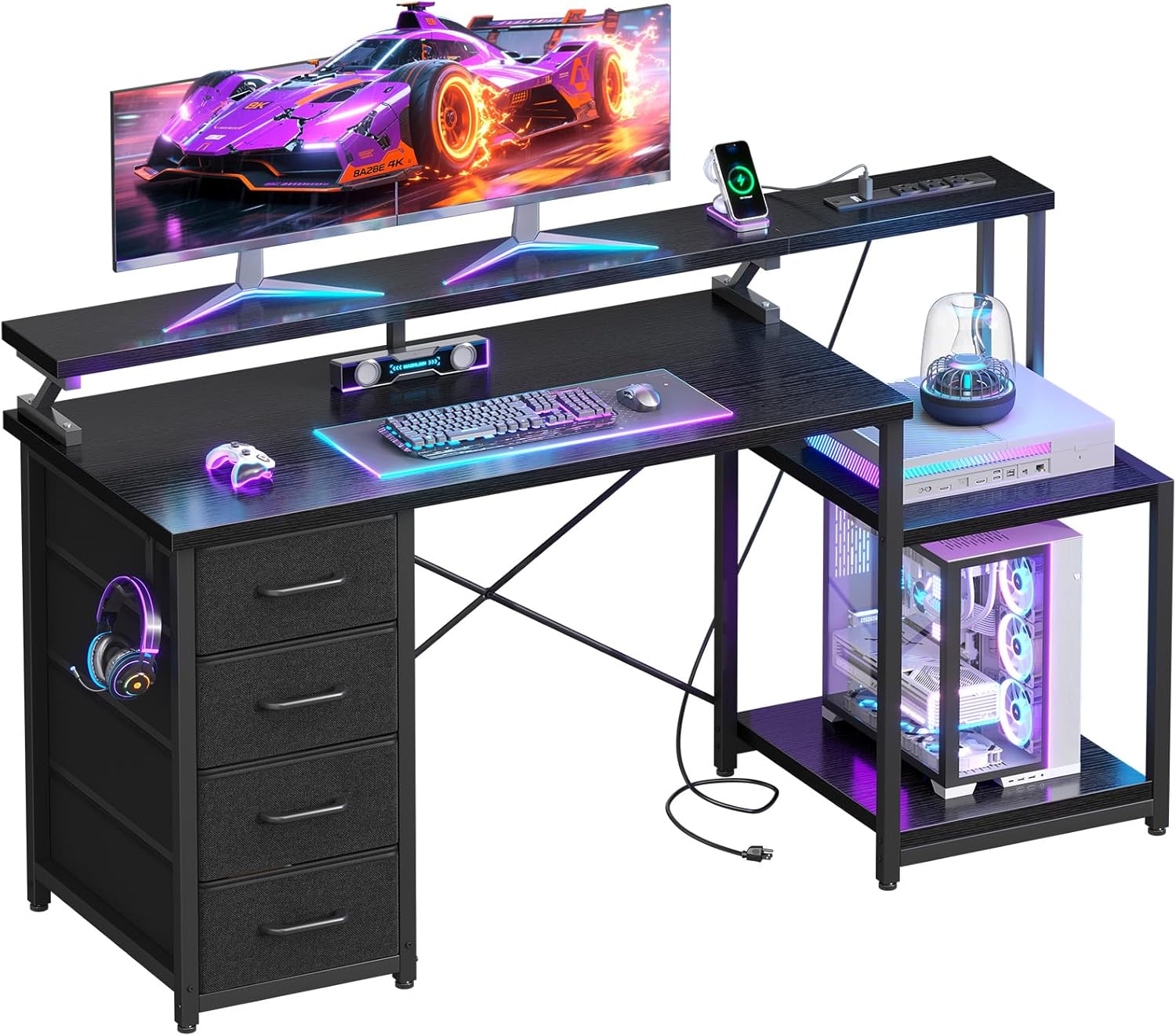 ODK 55 Inch Computer Gaming Desk with Power Outlets & Drawers
