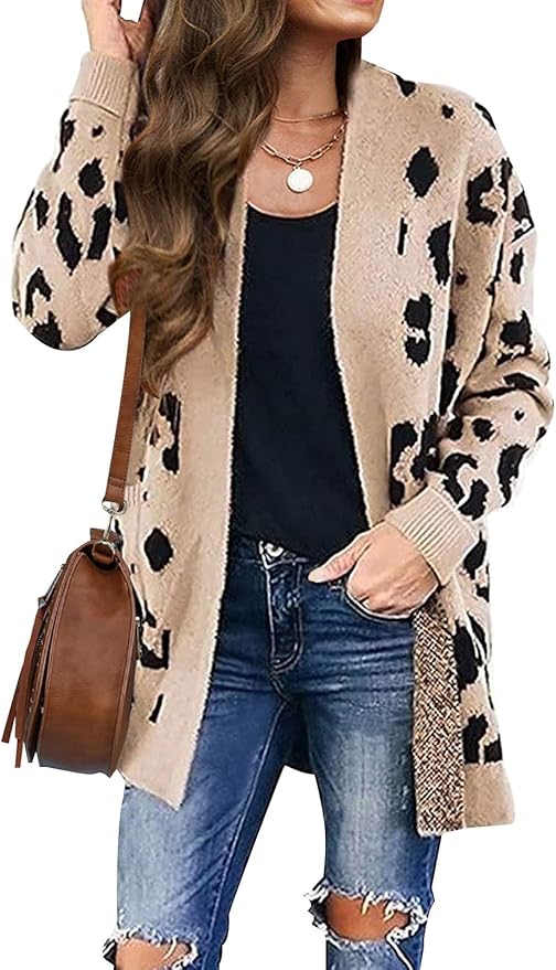 ZESICA Women's Leopard Print Knitted Sweater Cardigan Coat