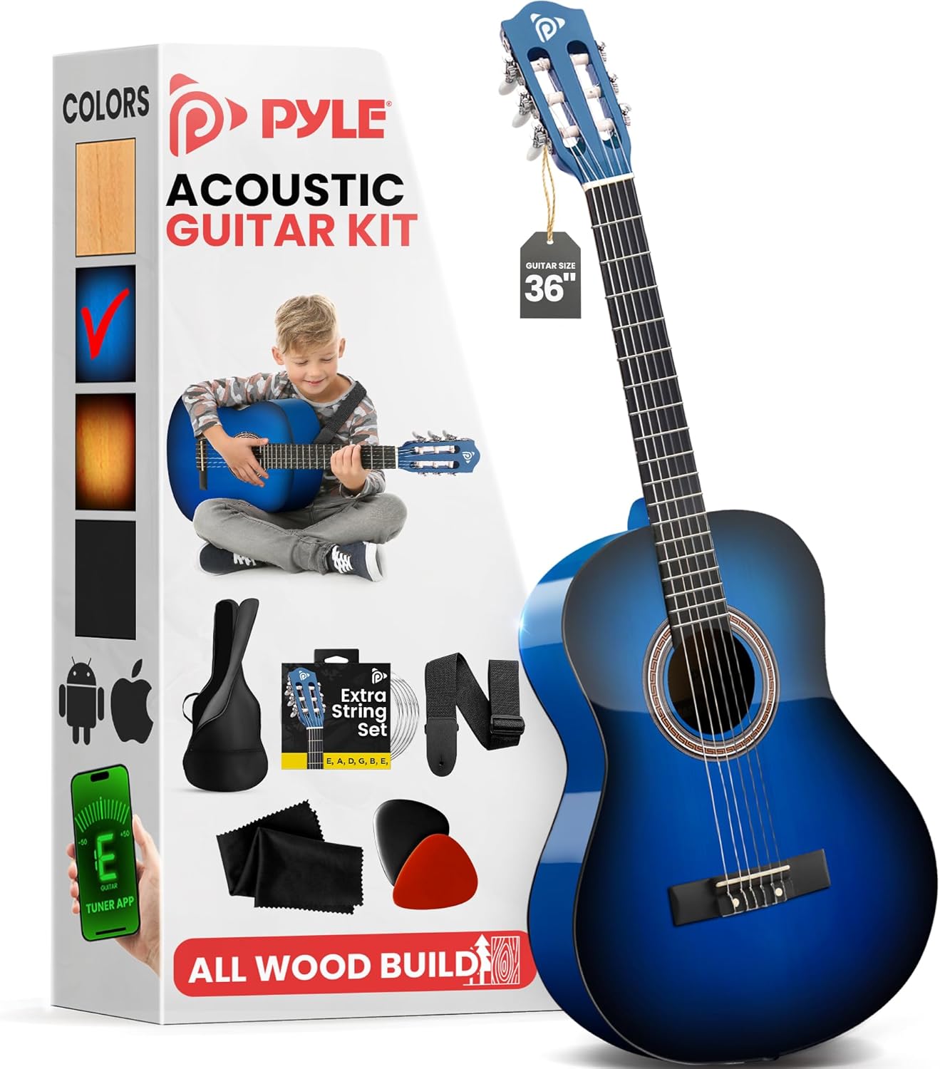 Pyle Beginner Acoustic Guitar Kit for Kids and Adults, 36 in
