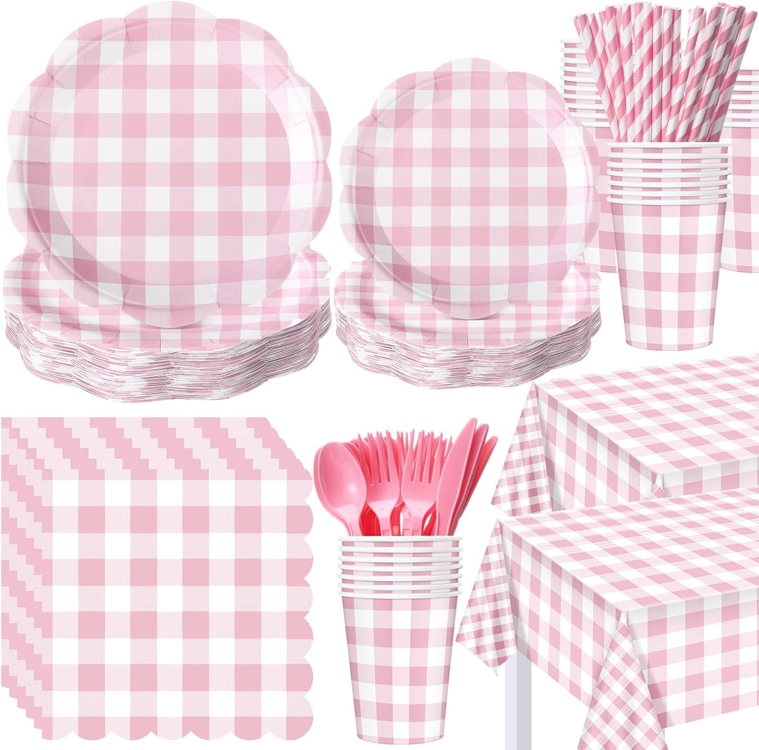 452 Pcs Pink Gingham Party Supplies for 50 Guests - Perfect for Events