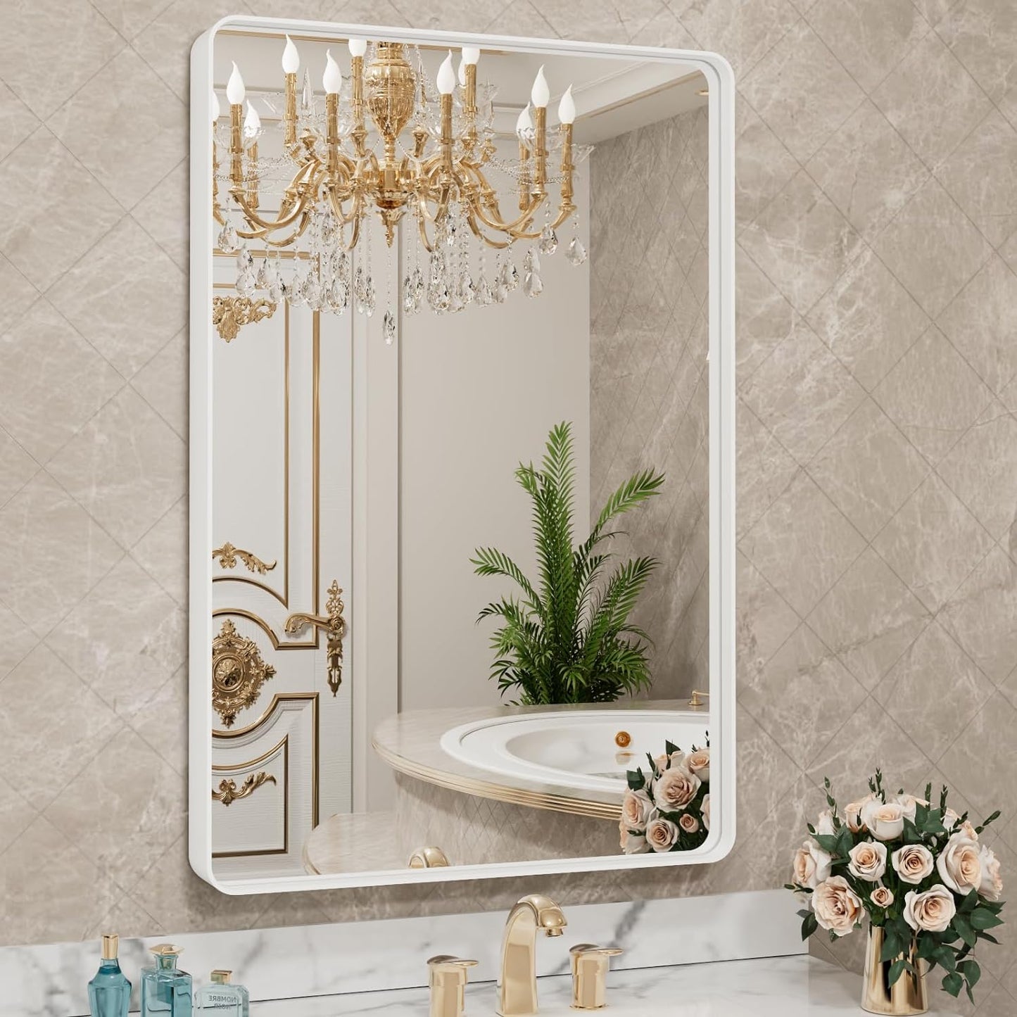 LOAAO 24x32 Inch White Metal Framed Bathroom Mirror for Wall