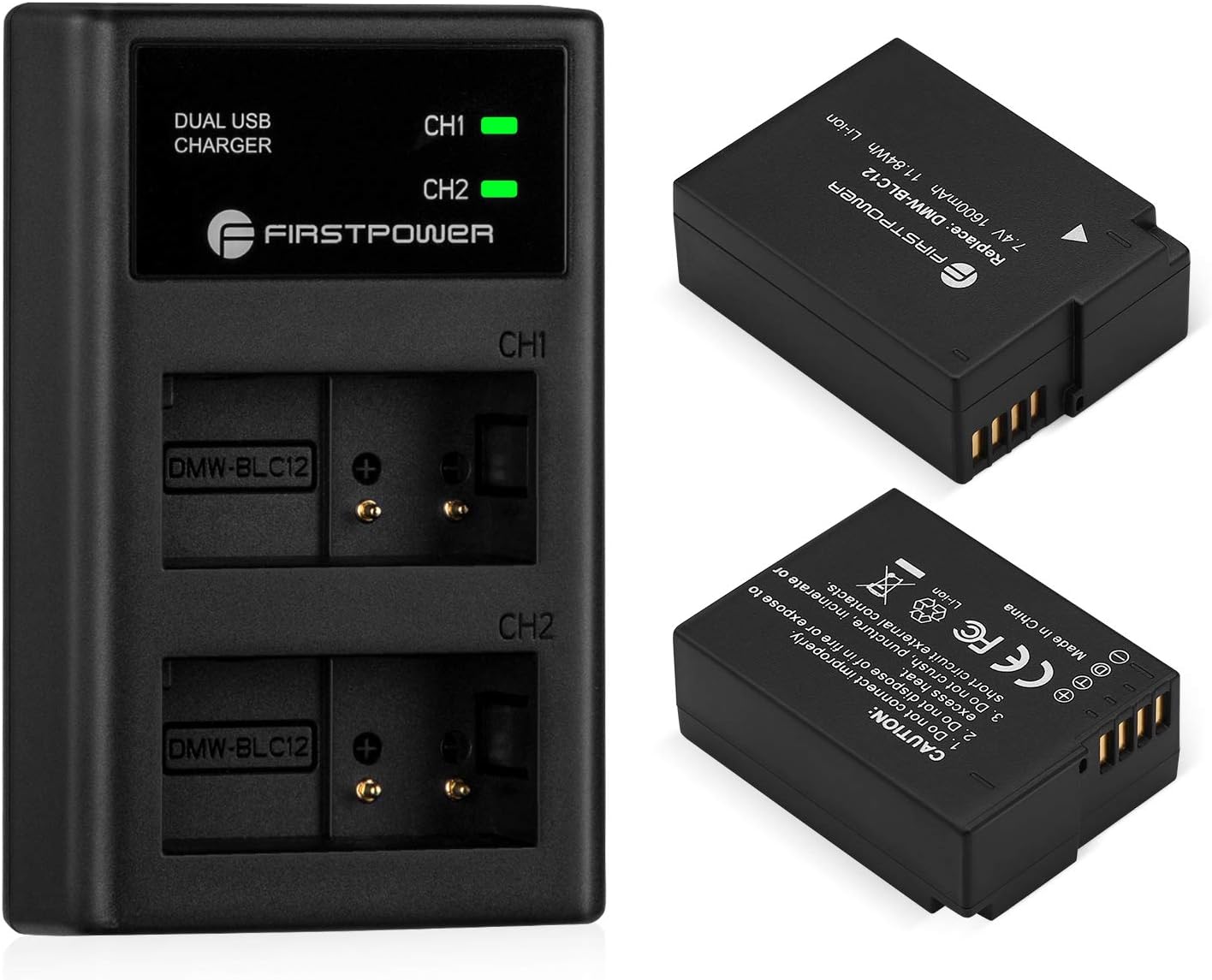 FirstPower DMW-BLC12 Battery and Dual USB Charger for Lumix Cameras