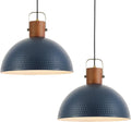 Large Blue Ash Wood Pendant Light 16in Hammered Metal Dome - Farmhouse
