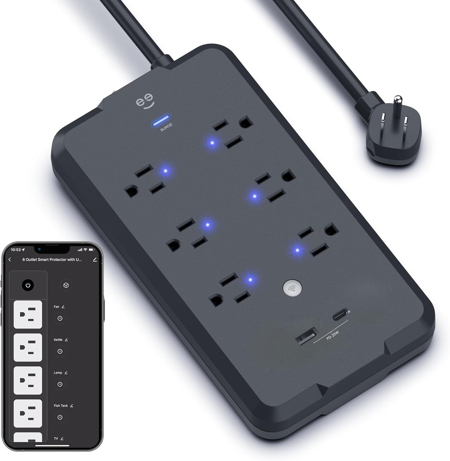 Geeni Smart Power Strip: 6 Outlets + 2 USB, Surge Protection, Voice Control