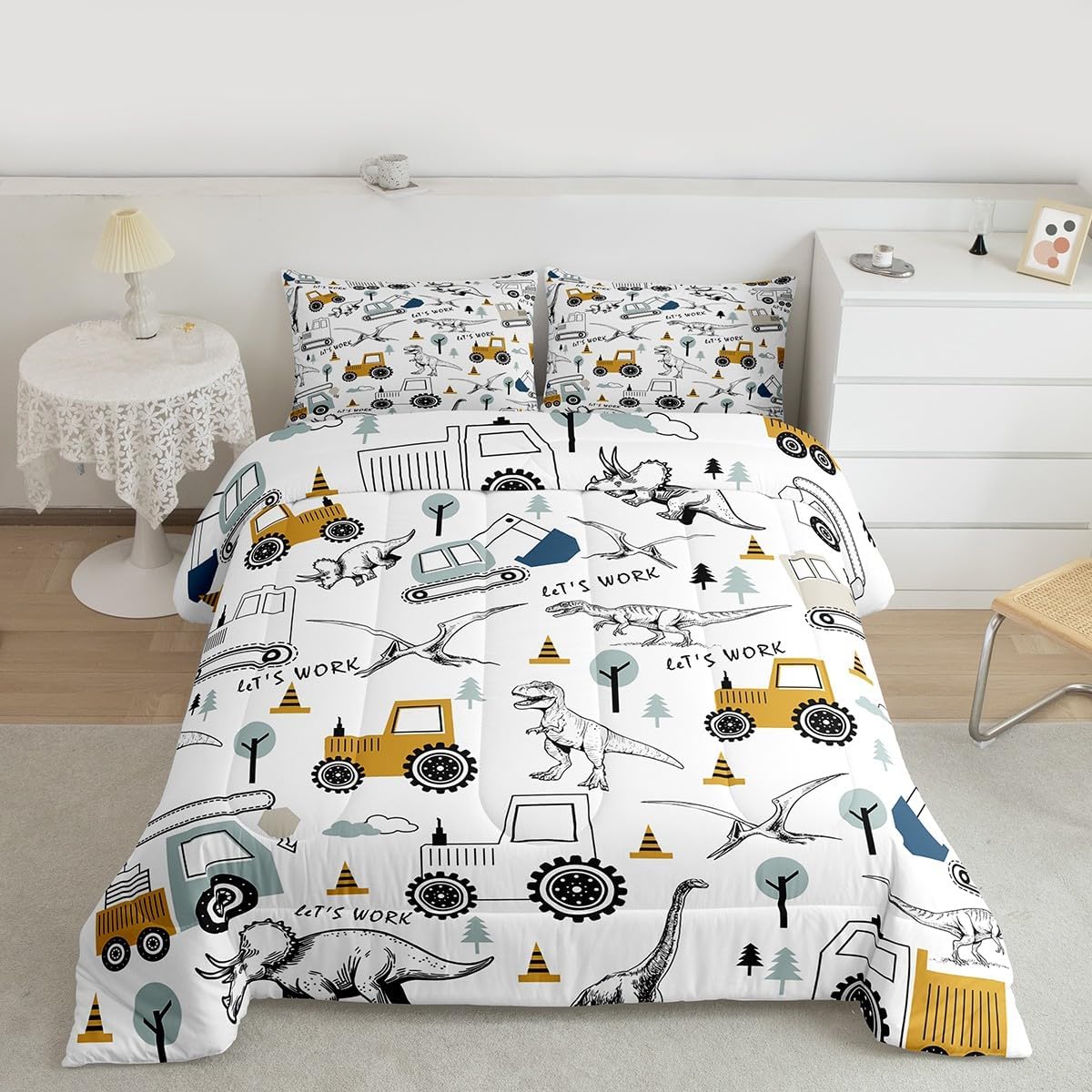Construction Comforter Set for Kids with Cartoon Vehicles Design