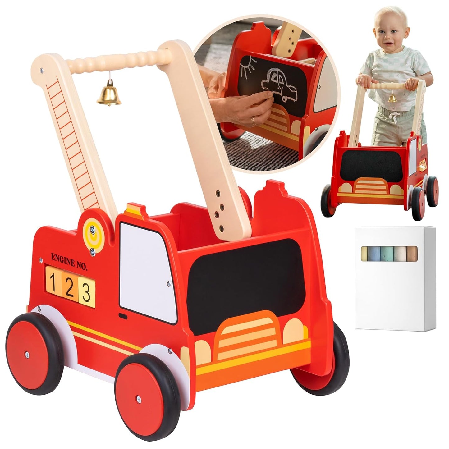 Wooden Baby Walker with Wheels for Boys - Fire Truck Design