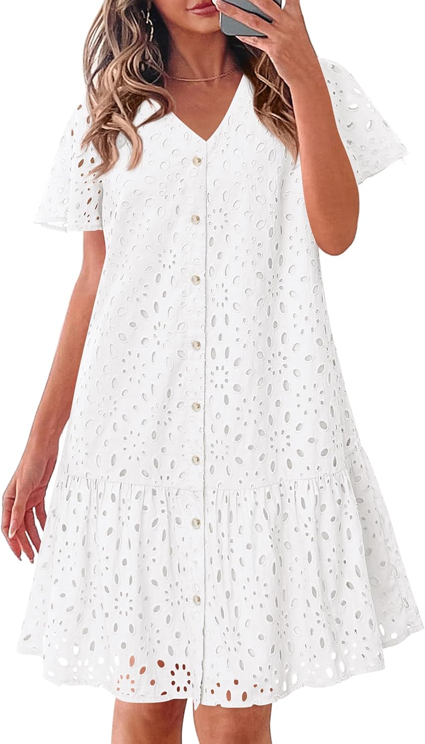 KIRUNDO Summer Dresses for Women 2025 Eyelet Button Down V Neck