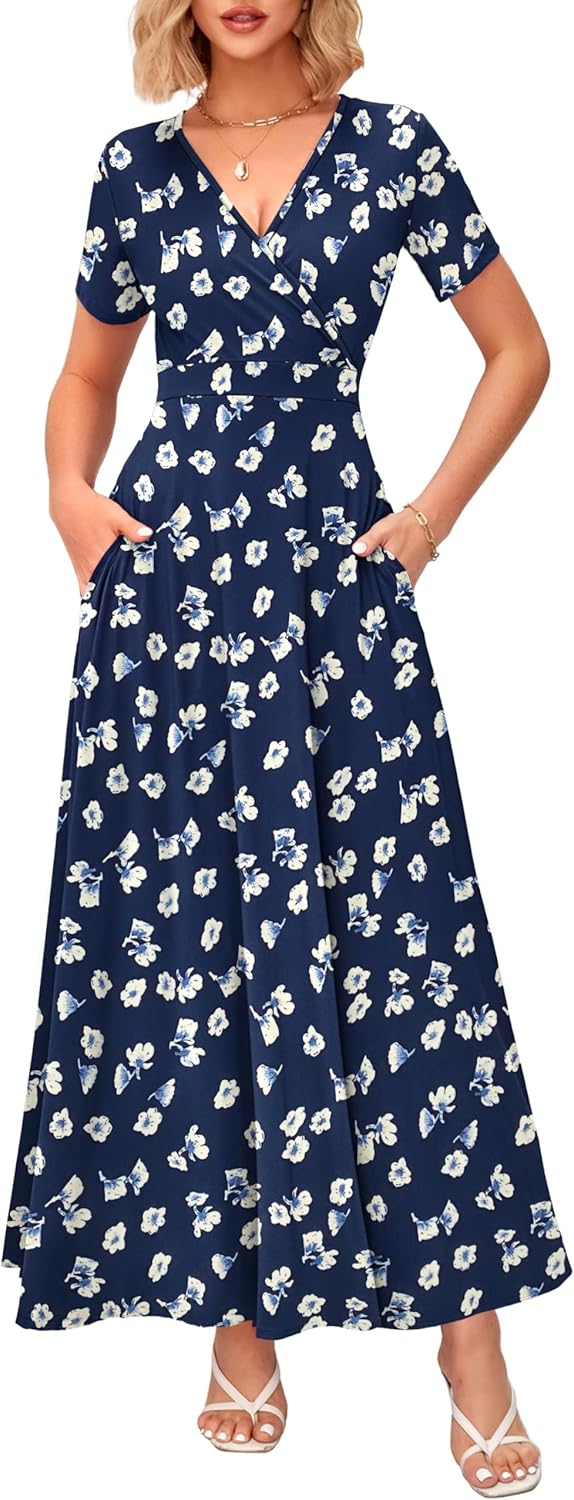 WNEEDU Women's Summer Maxi Dress with Pockets and V Neck Style