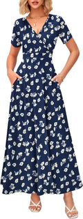 WNEEDU Women's Summer Maxi Dress Wrap V Neck with Pockets (Style DHGY)