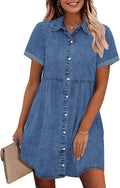 GRAPENT Denim Dress Babydoll Tiered Short Sleeve Button Down - Easy