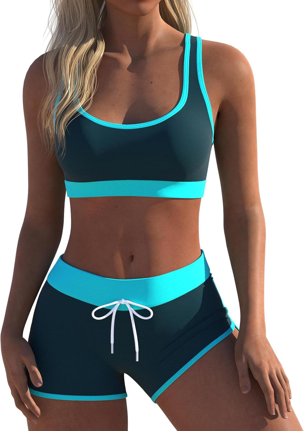 Womens Sport Two Piece Swimsuits with Racerback Tops and Boyshorts