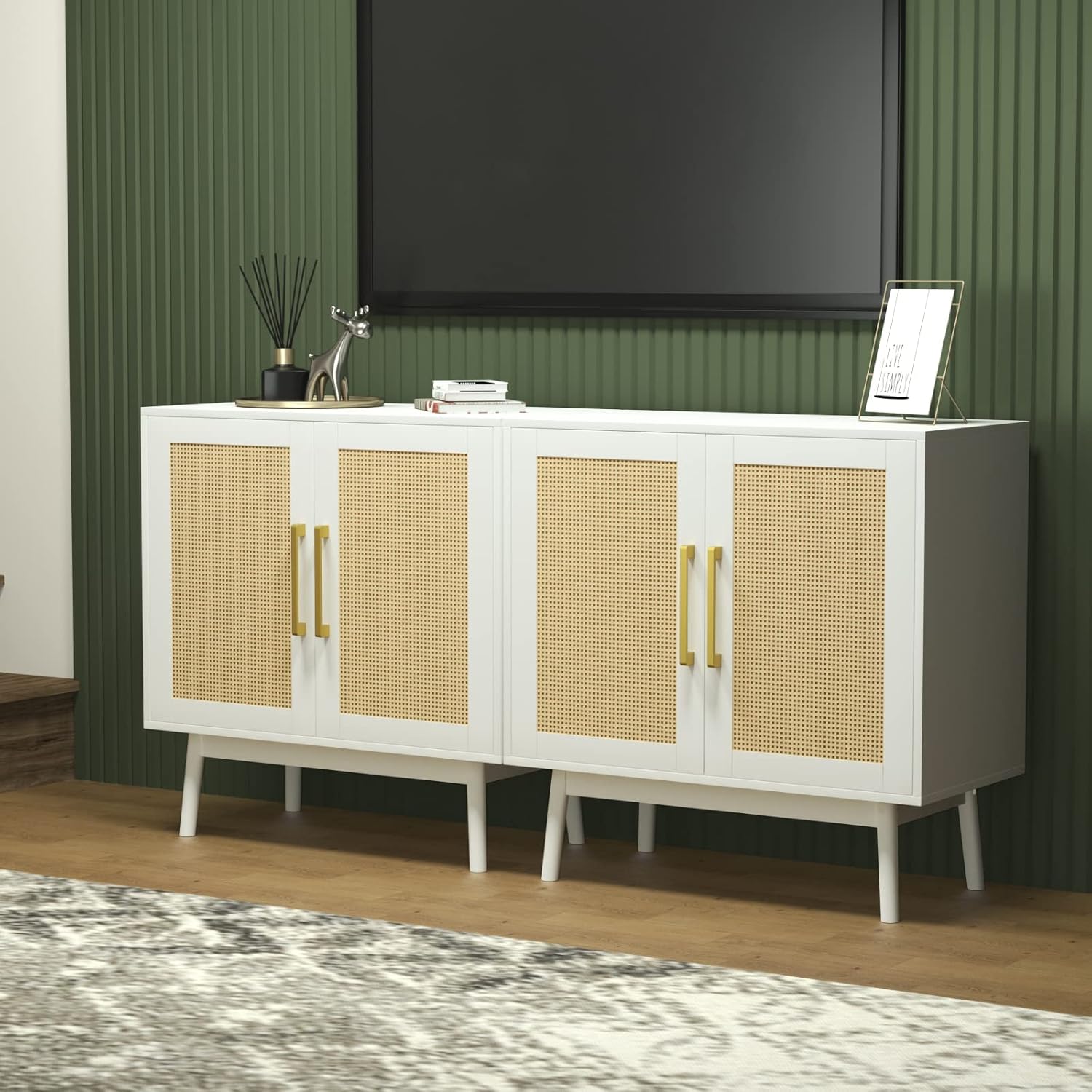 JOZZBY White Rattan Cabinet Set - Adjustable Shelves, Chic Storage Solution