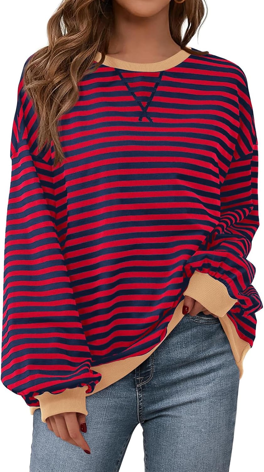 PRETTYGARDEN Womens Striped Oversized Sweatshirt for Casual Style