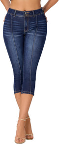 Womens Capri Denim Jeans Mid Rise Skinny Stretchy Front Seam