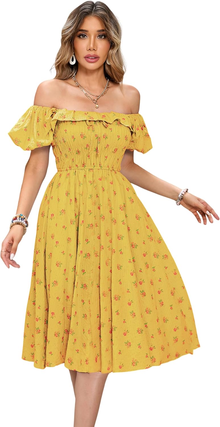 R.Vivimos Womens Summer Floral Print Midi Dress with Ruffles