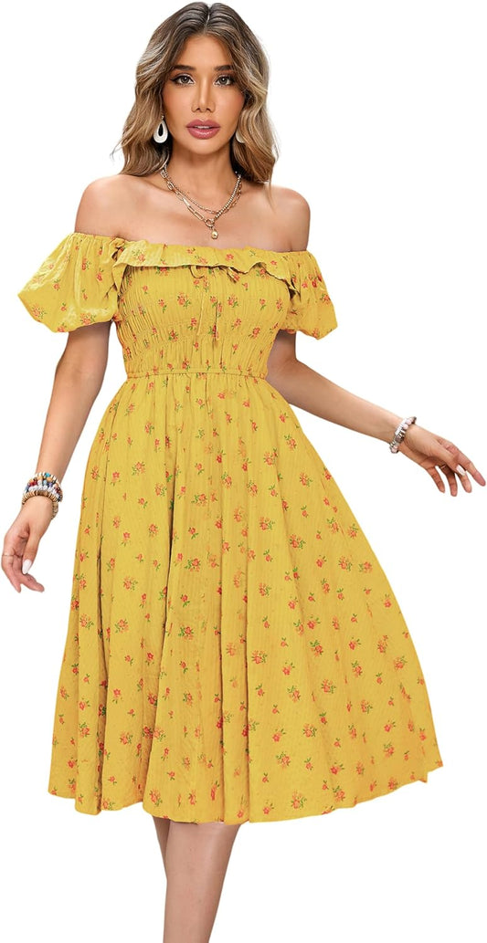 R.Vivimos Womens Summer Floral Print Midi Dress with Ruffles