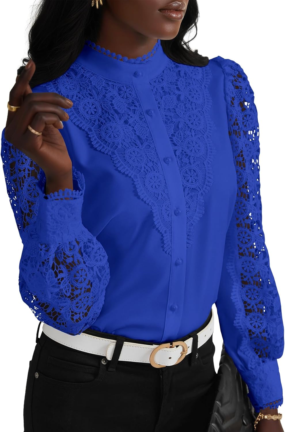 Elegant Women's Lace Crochet Mock Neck Long Sleeve Blouse Top